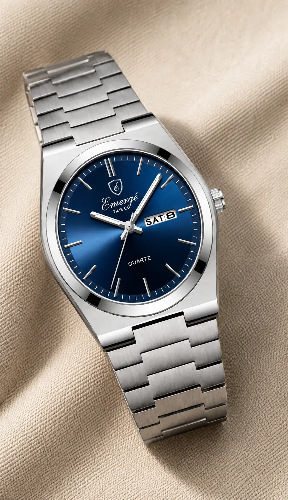 Macro product portrait of the blue-dial Emergé Kronos